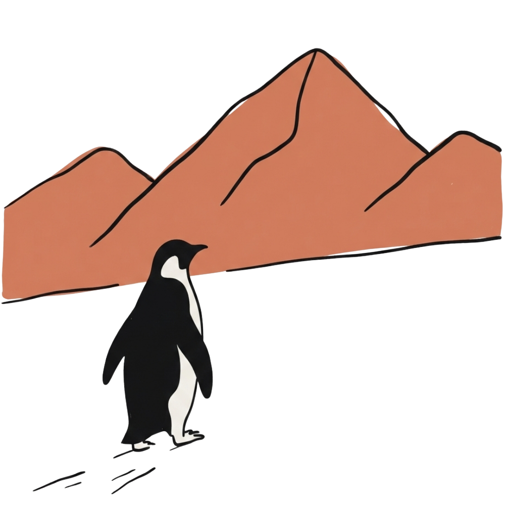 Uncooked mascot - penguin with mountains
